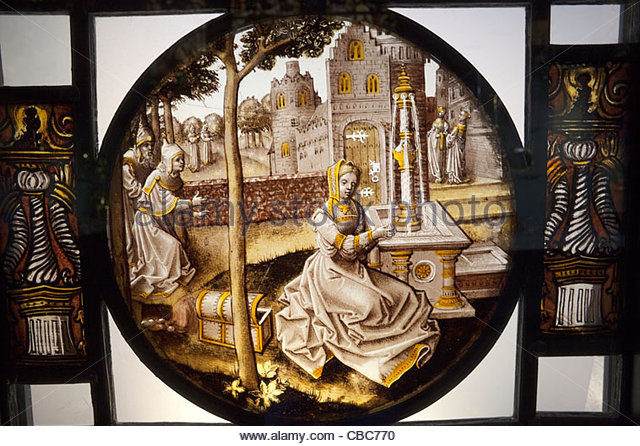 Victoria and Albert Museum, Whiteley Galleries, Stained Glass Window Depicting the Old Testament Story of Susanna - Stock Image